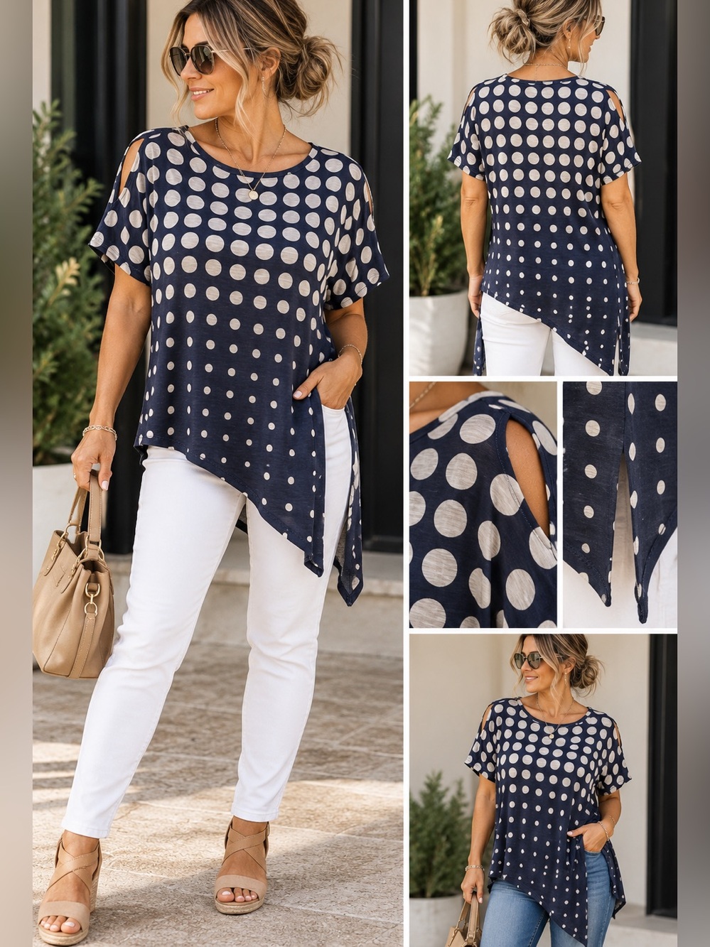 MARBLE Navy Blue & White Polka Dot Asymmetrical Tunic Top Size M